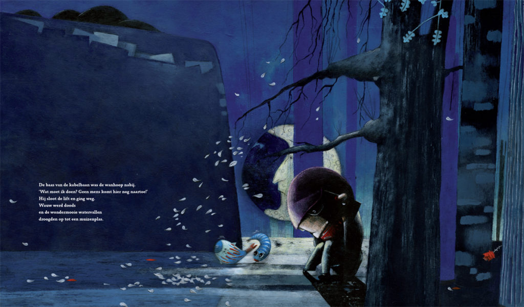 A depressed man is huddled in a dark forest. Double page illustration from the children’s book Wauw! (Wow!)